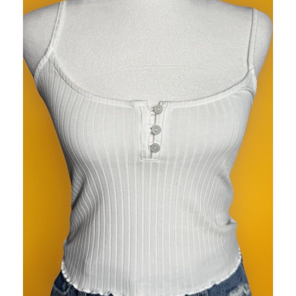 American Eagle Outfitters White Adjustable Ribbed Knit Cropped Cami Ruffle Edge